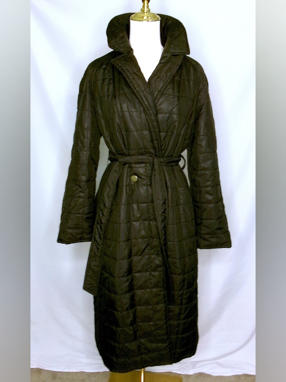 Elie Tahari Black Quilted Belted Long Coat Size S